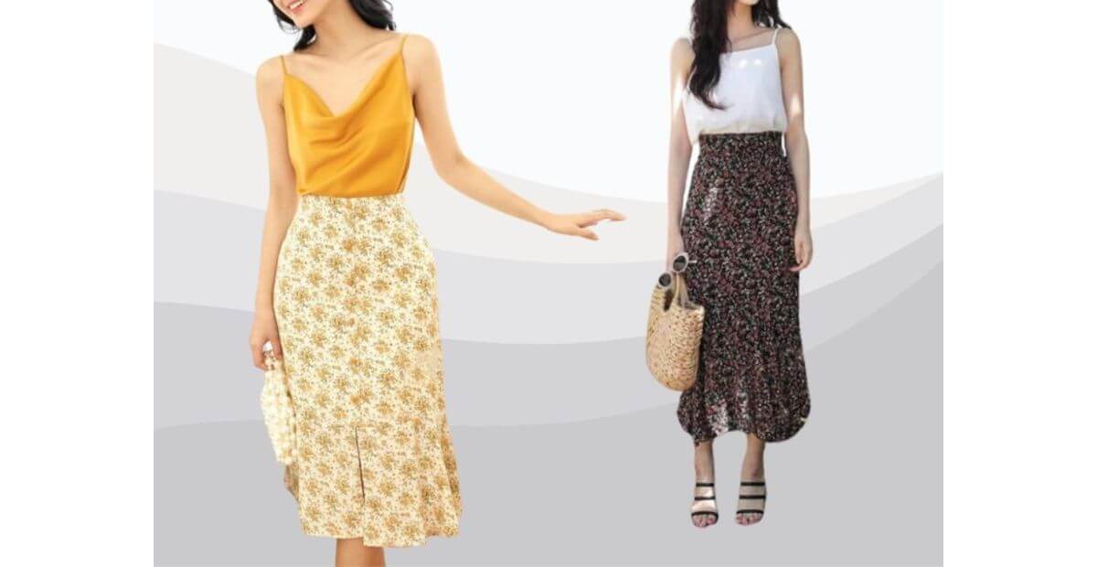 Áo 2 dây trơn chân váy hoa xòe kèm túi cói mini