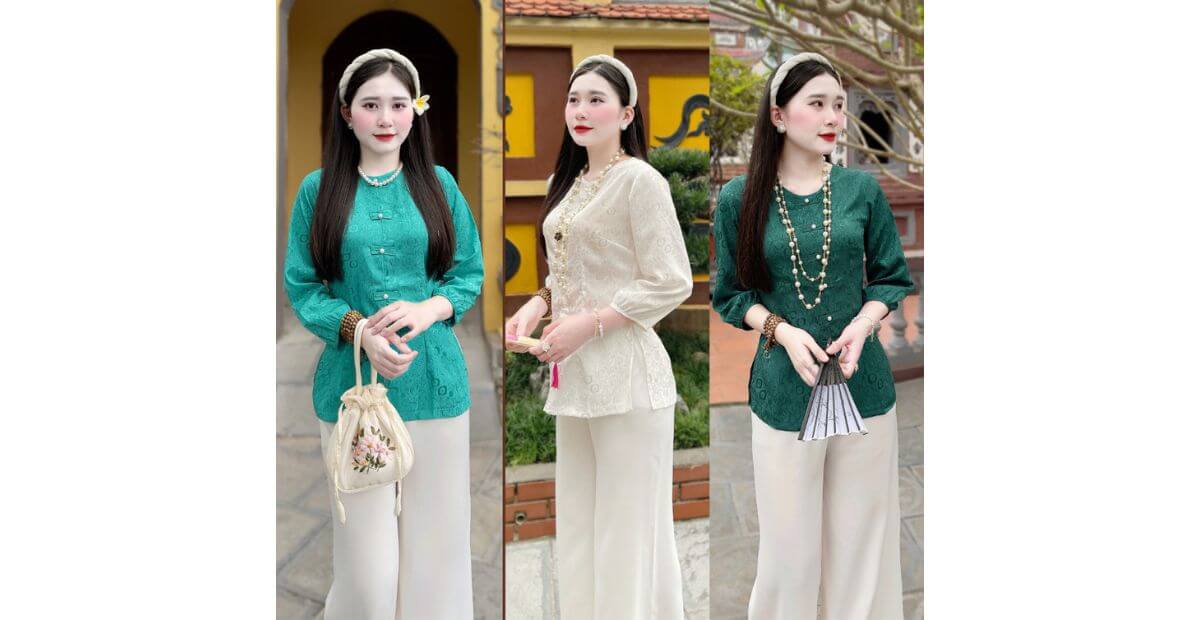 Áo bà ba hiện đại và túi vải bố hoặc mũ cói