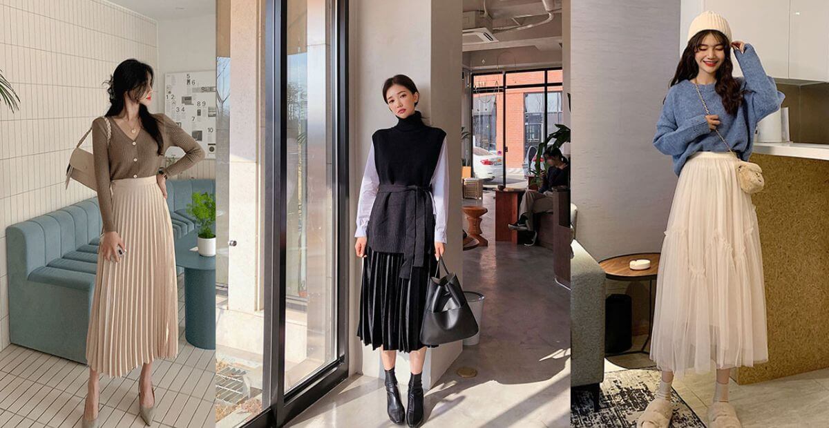 Áo cardigan nhẹ và đầm kín cổ