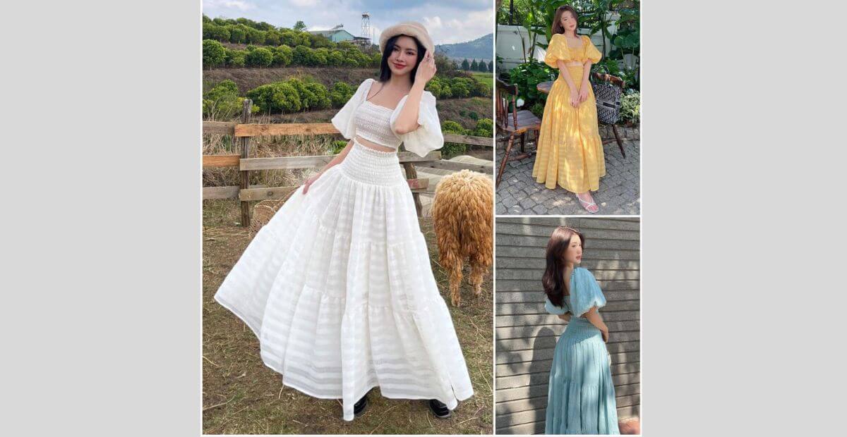 Áo croptop tay lỡ mix chân váy cạp cao cho người bụng béo phối đồ đi biển