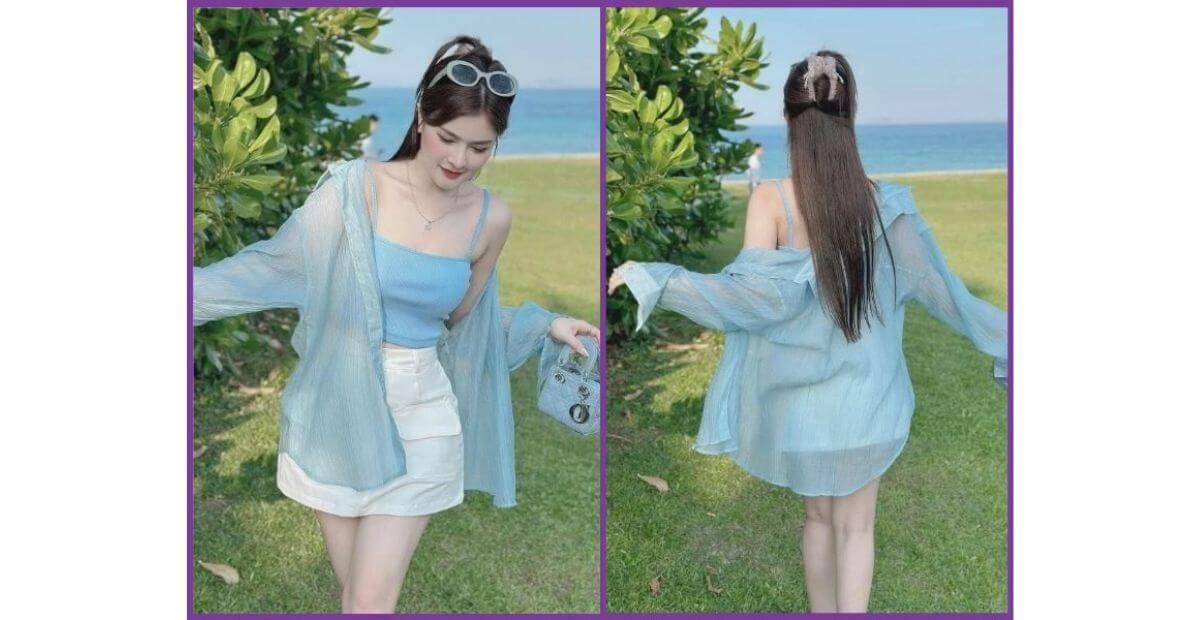Áo hai dây layer cùng sơ mi oversize lựa chọn cho người béo bụng nên mặc gì đi biển