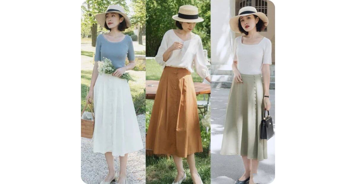 Áo sơ mi mỏng mix váy midi xếp ly kèm túi tote vải