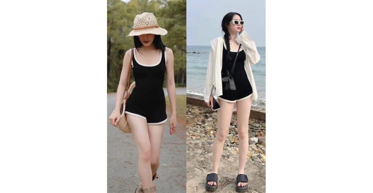 Áo thun dài tay mix jumpsuit hai dây