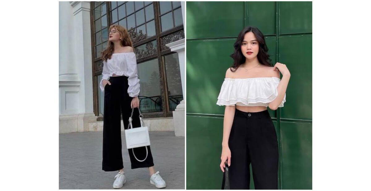 Áo trễ vai mix quần lửng trên mắt cá