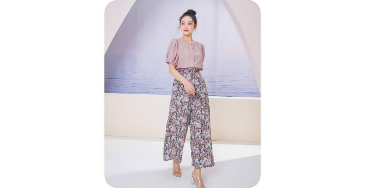 Áo tunic dài tay và quần vải đũi ống rộng