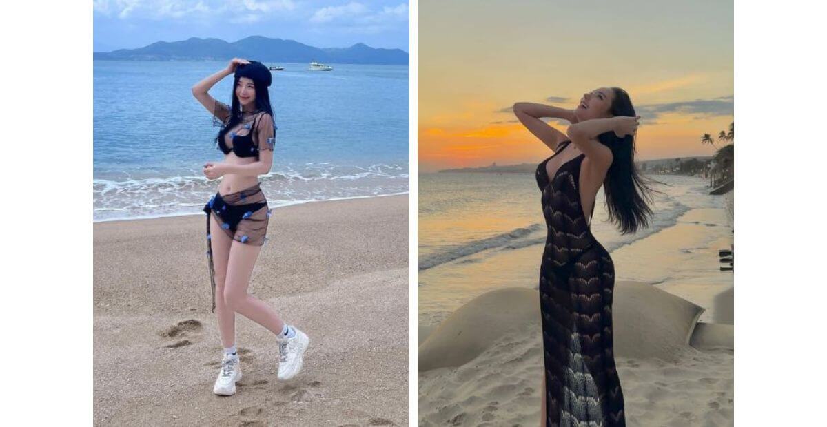 Bikini màu nổi và áo choàng voan mỏng kèm khăn turban họa tiết