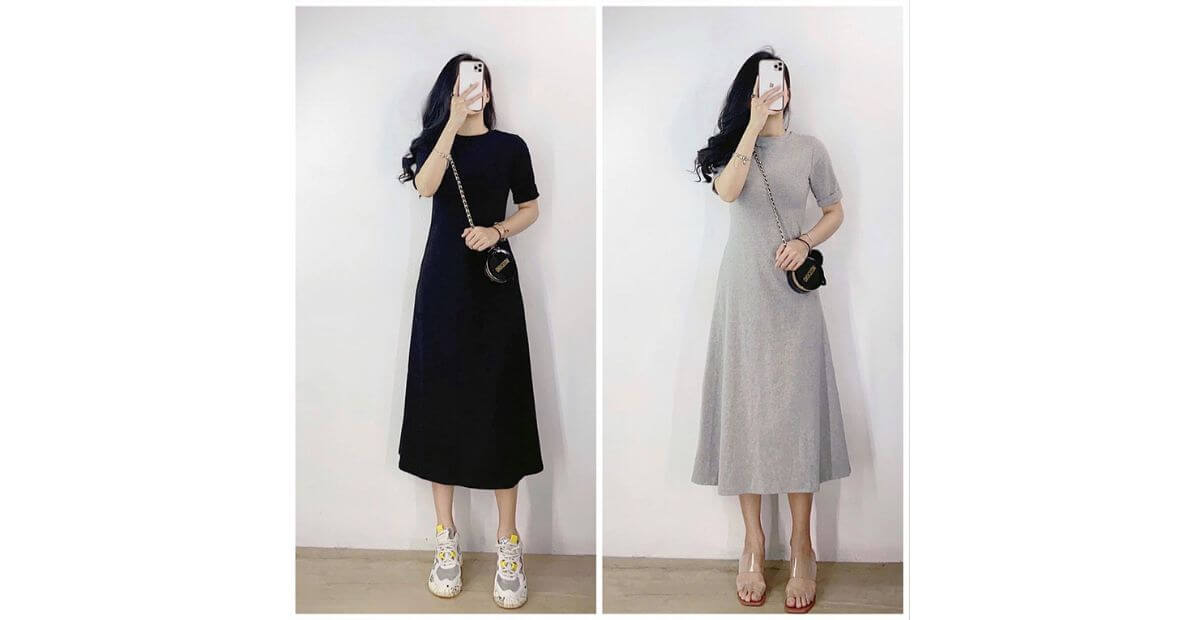 Đầm suông dài tay cổ tròn