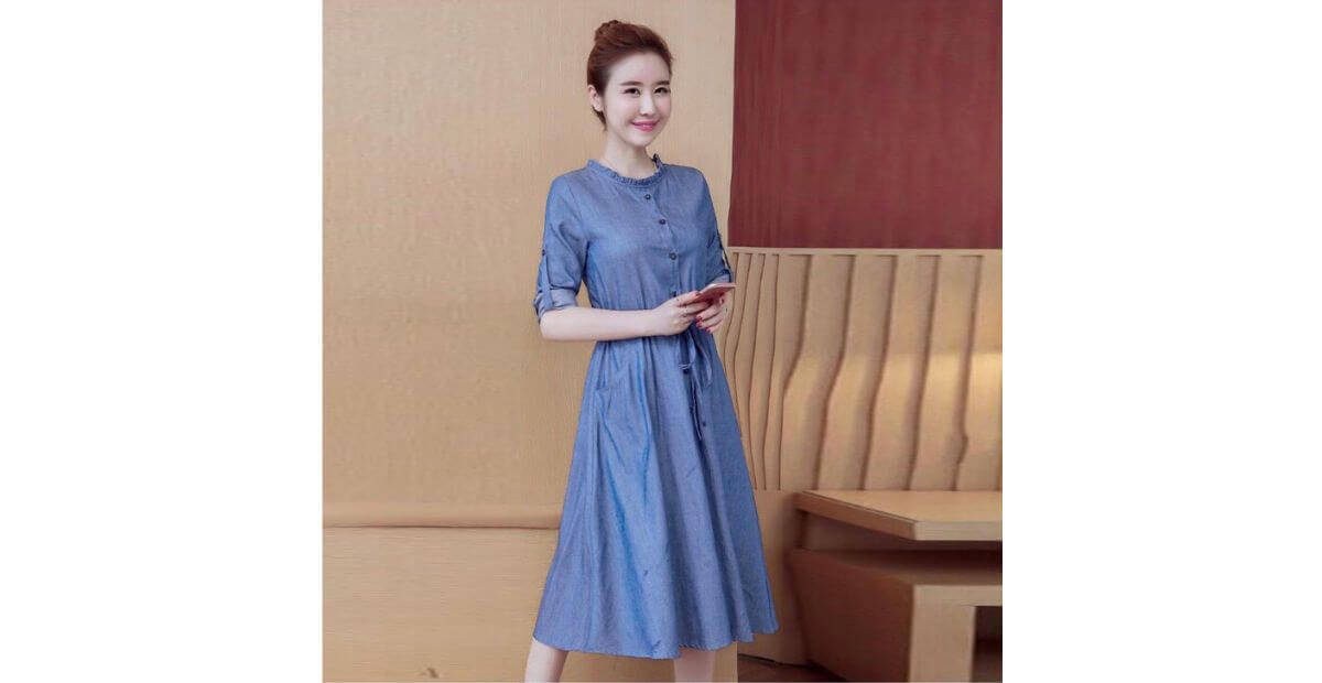 Đầm suông tay dài cổ tròn hoặc cổ mandarin