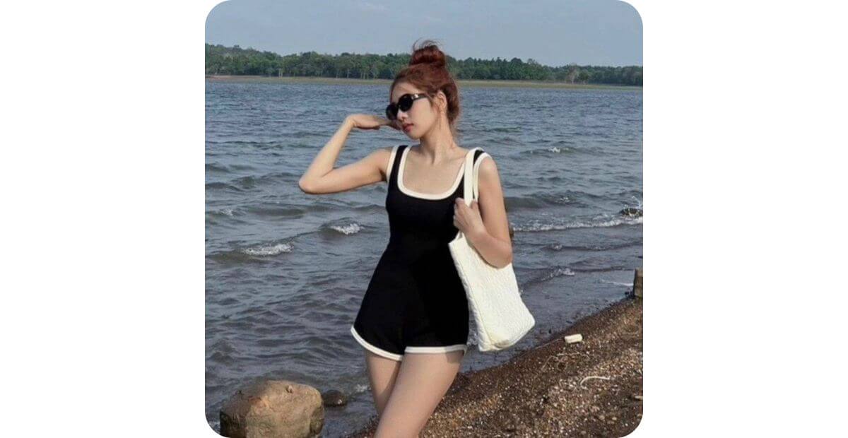Jumpsuit lụa mềm mix kính râm đen kèm túi vải canvas