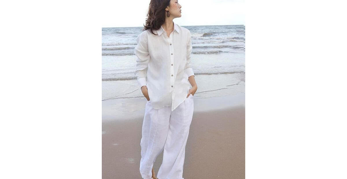 Quần linen dài mix áo blouse dài tay
