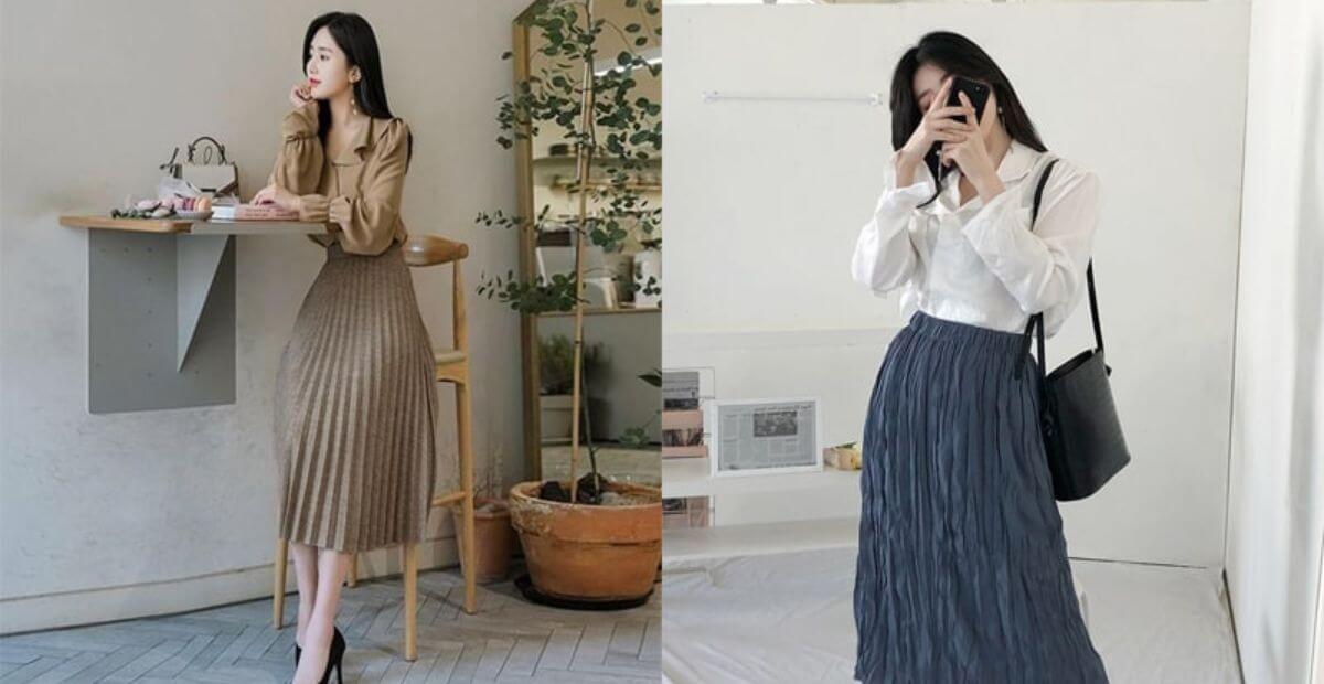 Sơ mi dài và chân váy xếp ly