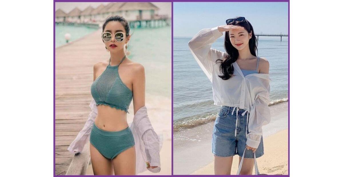 Sơ mi oversize kèm bikini và short cạp cao