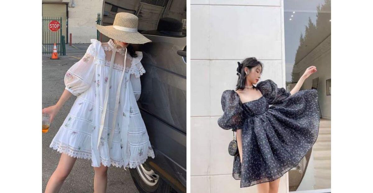 Váy babydoll tay bồng dễ thương, đầy đặn, che eo gầy