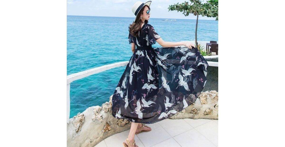 Váy maxi cổ V tay ngắn