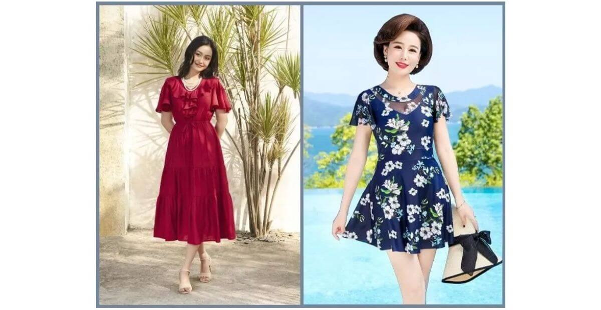 Váy maxi cổ chữ V mix áo khoác mỏng voan