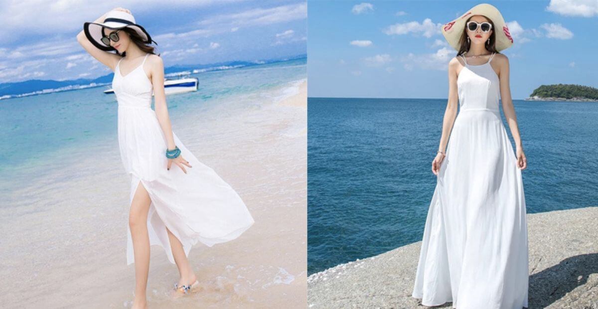 Váy maxi trắng mũ cói rộng vành kèm túi lưới thủ công
