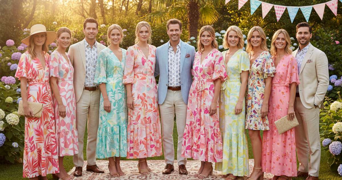 Color palettes and patterns in a summer wedding attire description