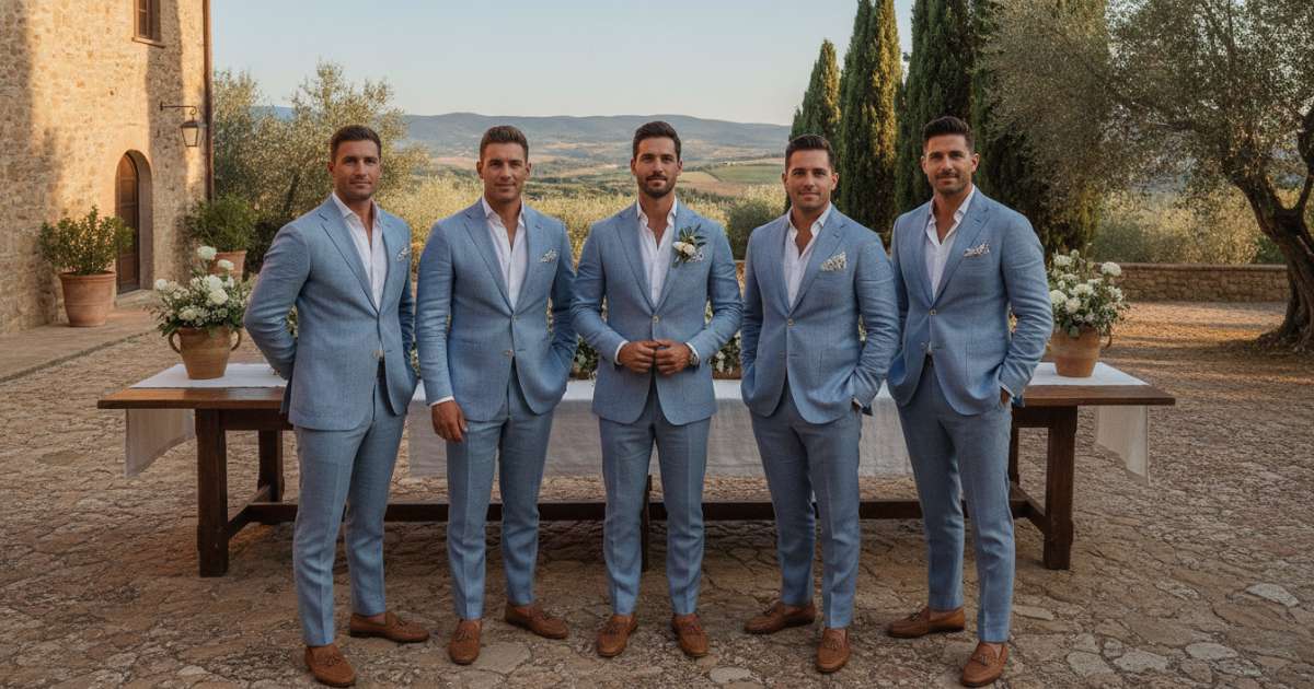 Matching Summer Wedding Abroad Mens Outfits to the Venue